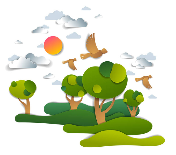 Scenic landscape of meadows and trees, cloudy sky with birds and sun, summer fields and grasslands vector illustration in paper cut kids style. Summer holidays in countryside, travel and tourism. - Vettoriali, immagini