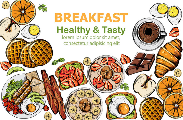 Healthy and tasty breakfast set with multiple food and drinks - Вектор, зображення
