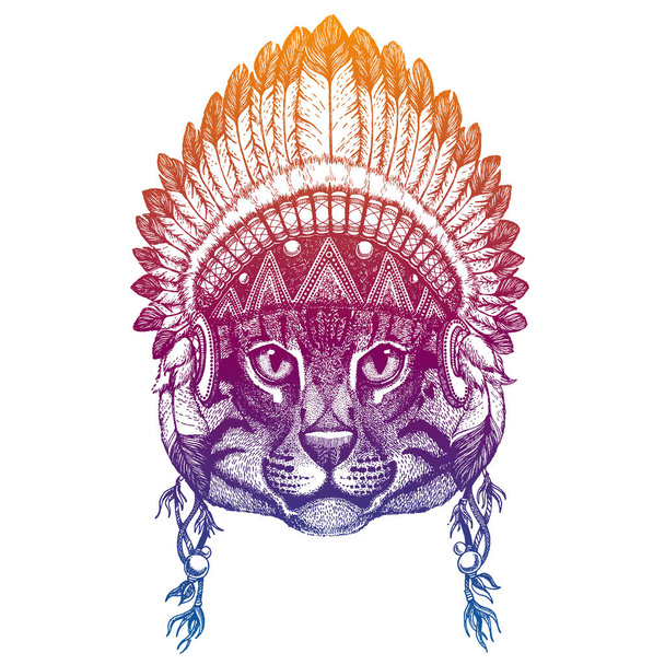Fishing cat. Animal. Vector portrait in traditional indian headdress with feathers. Tribal style illustration for little children clothes. Image for kids tee fashion, posters. - Vector, Image