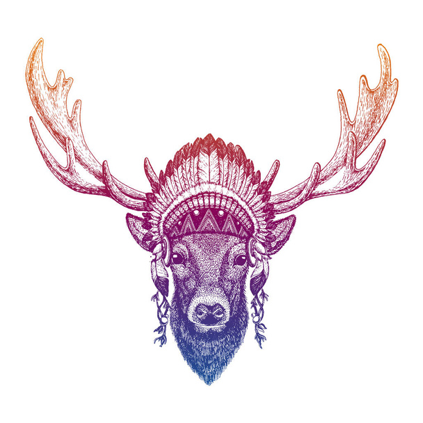 Deer. Animal. Vector portrait in traditional indian headdress with feathers. Tribal style illustration for little children clothes. Image for kids tee fashion, posters. - Vektör, Görsel