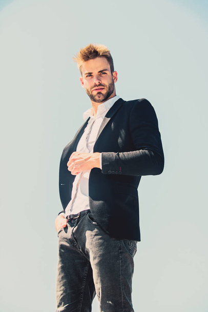 success concept. confident businessman. Handsome man. company manager. Bearded guy business style. formal male fashion. modern lifestyle. sexy macho man. male grooming. Inspired to work hard - Photo, Image