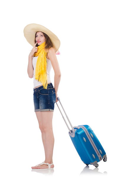 Mujer yendo a vacaciones de verano aislado en blanco - Foto, Imagen