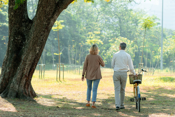 stary miłość para spacery z rowerem i rozmowy w parku, starszy romantycy koncepcja - Zdjęcie, obraz