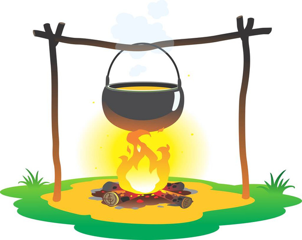 Boiler with camping. Campfire place. Camping and hiking. - Vector, Image
