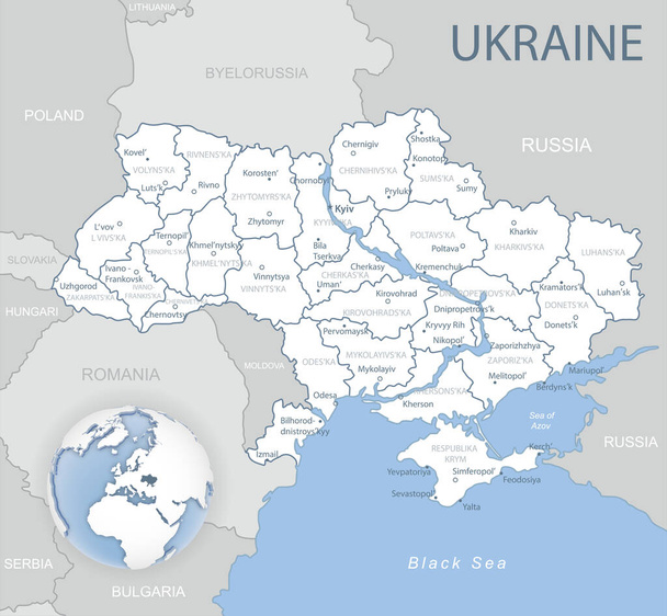 Azul-gris mapa detallado de Ucrania y las divisiones administrativas y la ubicación en el mundo
. - Vector, imagen