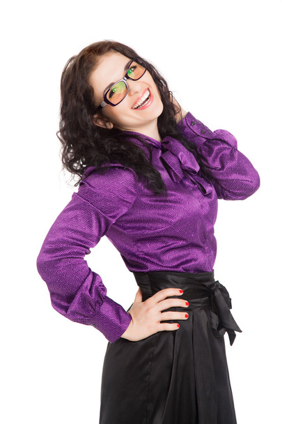 beautiful smiling brunette woman wearing shirt, skirt and glasse - Foto, imagen