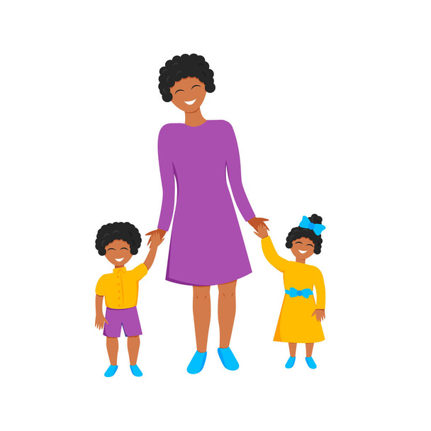 Ilustración vectorial de madre africana con hijos. Mamá divertida con hijo e hija tomados de la mano y sonriendo. La familia pasa un buen rato juntos. Dibujos animados diseño plano de personajes lindos aislados
  - Vector, imagen