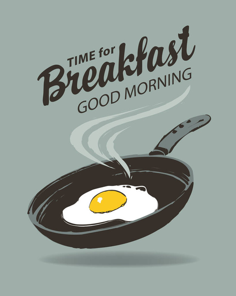 Vector menu or banner on the theme of Breakfast time. Illustration with hot fried egg on a frying pan in retro style. Morning banner or menu - Вектор,изображение