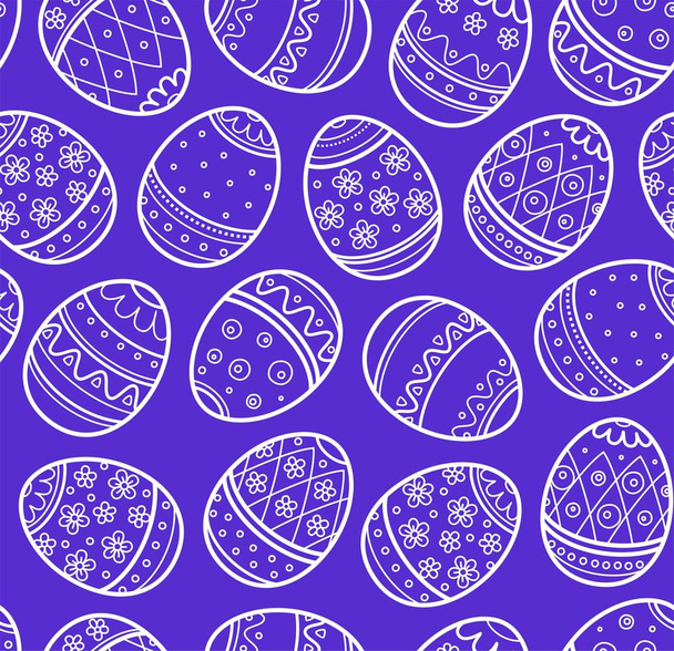 Easter egg, seamless pattern, monochrome, contour, blue. White line drawing on a blue field. Decorative background.  - Вектор,изображение