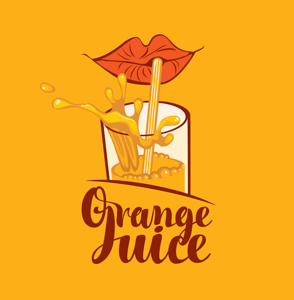 Vector banner or label for orange juice in retro style. Decorative illustration with calligraphic inscription, red lips, glass, straw and juice splashes on an orange background - Vecteur, image
