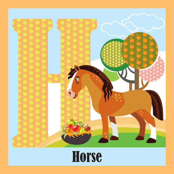 Vector cartoon flashcards of animal alphabet, letter H. Colorful cartoon illustration of letter and horse vector character. Bright colors zoo wildlife illustration. Cute flat cartoon style. Stock illustration. - Vector, Image
