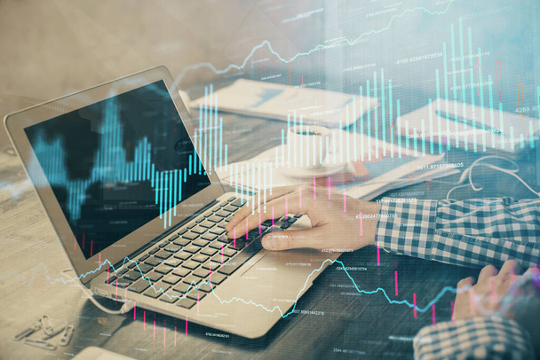 Double exposure of forex chart with man working on computer on background. Concept of market analysis. - Fotoğraf, Görsel