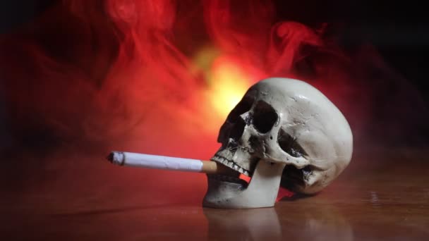No fumar concepto. Decoración creativa de la mesa de arte con cigarrillos. Los cigarrillos causan cáncer y matan. naturaleza muerta cráneo y sigarette. Enfoque selectivo - Metraje, vídeo