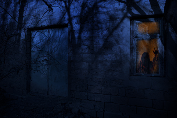 Close up view of spooky building at forest at night with moonlight . Scary abandoned house at night with ghost. Cold autumn night - Photo, Image