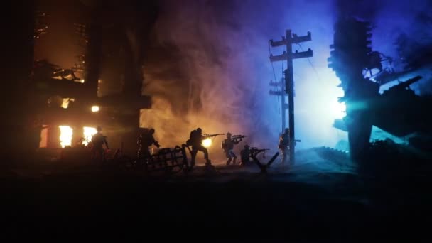 War Concept. Military silhouettes fighting scene on war fog sky background, World War Soldiers Silhouette Below Cloudy Skyline At night. Battle in ruined city. Selective focus - Footage, Video