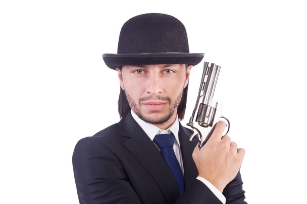 Mann mit Waffe isoliert auf der weißen Seite - Foto, Bild