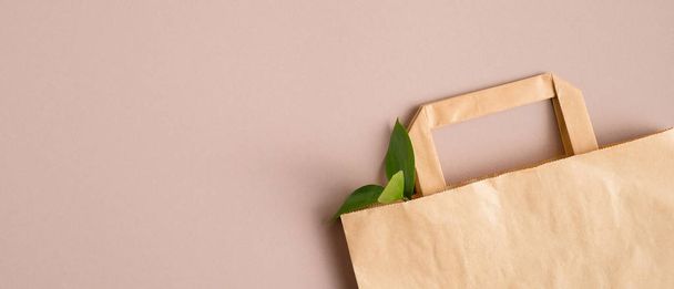 Recycled paper shopping bag with green leaves on brown background. Zero waste, plastic free concept. Environment protection, sustainable lifestyle - Photo, image