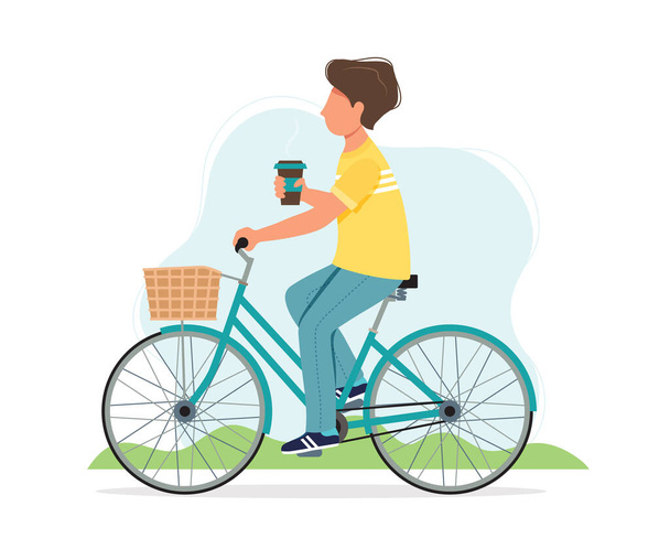Hombre montando una bicicleta en primavera con taza de café. Lindo vector de ilustración en estilo plano
 - Vector, Imagen