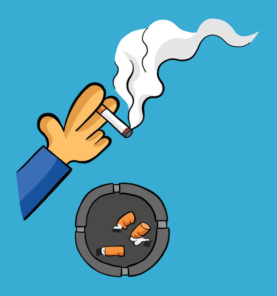 Ο άνθρωπος καπνίζει τσιγάρο με τασάκι και αποτσίγαρα διανυσματική απεικόνιση. Μαύρο περίγραμμα και χρωματιστό, μπλε φόντο. - Διάνυσμα, εικόνα