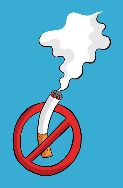Prohibición de fumar símbolo y la quema de cigarrillos y vectores de humo ilustración. Esquemas negros y de color, fondo azul
. - Vector, Imagen
