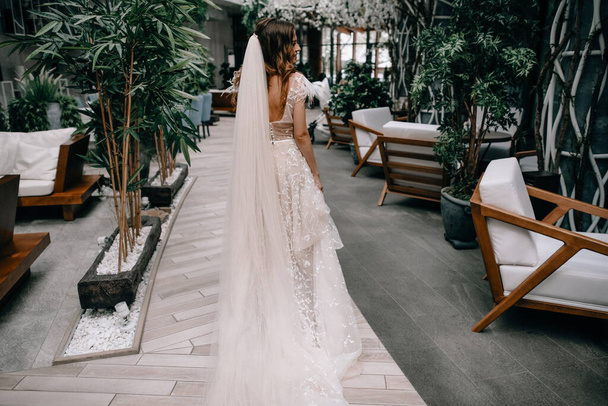 Junge Braut in wunderschönem Kleid im wunderschönen Interieur - Foto, Bild