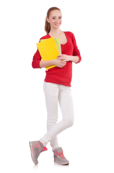 junge Studentin mit Büchern auf weiß - Foto, Bild