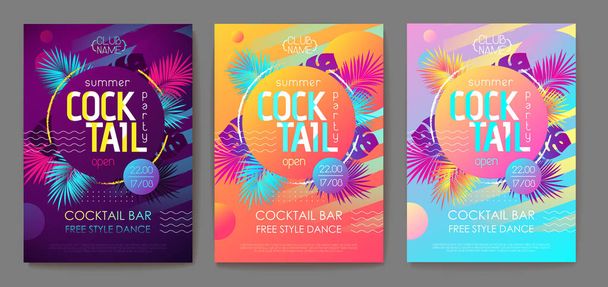 Set of colorful summer tropical gradient backgrounds with geometric elements. Summer disco cocktail party poster. Summertime template collection. - Διάνυσμα, εικόνα
