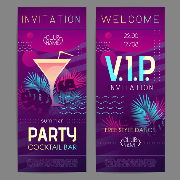 Sommerdisco-Cocktail-Party-Poster mit tropischen Pflanzen und geometrischen Elementen. Sommerzeit-Vorlage. Einladungsdesign - Vektor, Bild