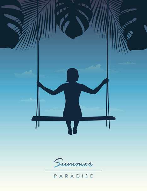 summer paradise girl on a swing on blue sky palm background - Вектор, зображення