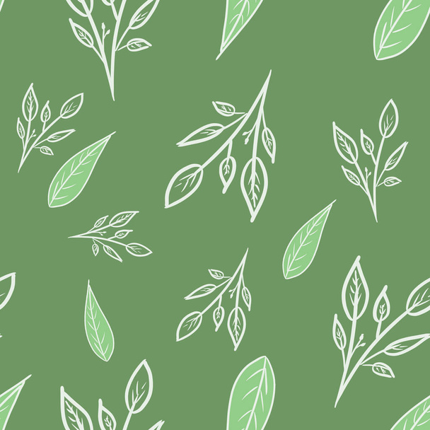 бесшовный узор с зелеными листьями, белые ветви на зеленом фоне. Ботанический рисунок. Весна, летняя печать. Упаковка, обои, текстиль, дизайн ткани
 - Фото, изображение