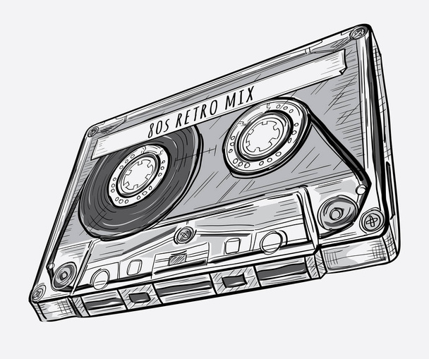Black and white drawn retro audio cassette - Vector, Imagen