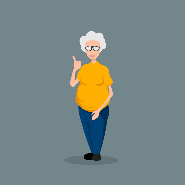 Бабушка в мультяшном стиле. Изолированное изображение старушки. Смешная бабушка в жёлтой рубашке
 - Вектор,изображение