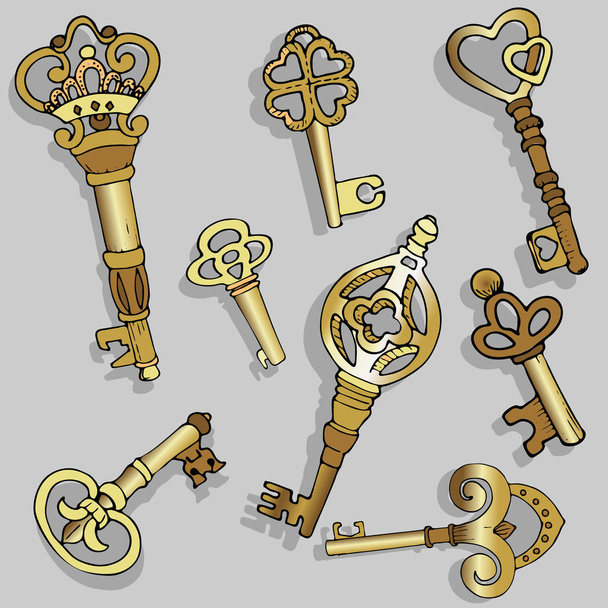 set of keys drawn by hand eight pieces in gold color - Vektori, kuva