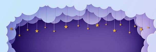 Nuvens de céu noturno bordejam com estrelas na corda no estilo de redução de papel. Corte o fundo 3d com gradiente azul violeta arte paisagem nublado papercut. Cartão de vetor de desejo boa noite sonhos doces
. - Vetor, Imagem