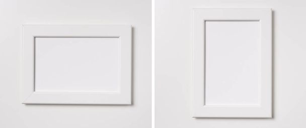 Designkonzept - Ansicht des Fotorahmens aus weißem Holz isoliert auf weißem Hintergrund für Mockup, es ist echtes Foto, kein 3D-Render - Foto, Bild