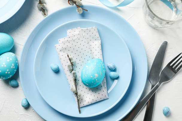 Easter table setting on white background, top view - Foto, Bild