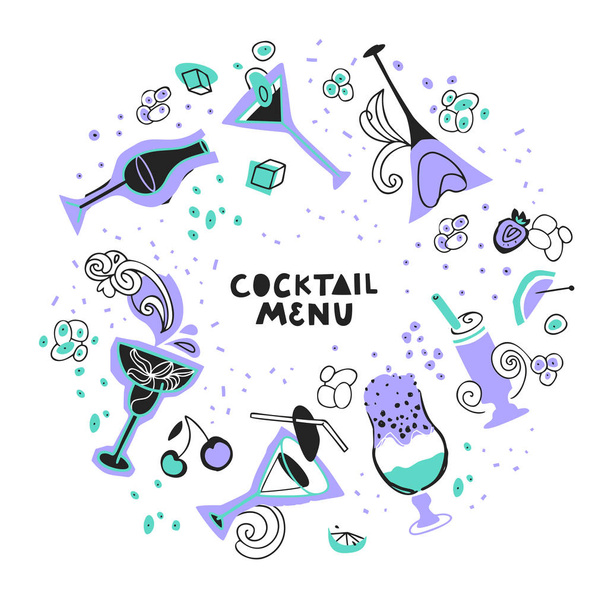 Cocktailkarte. Runder Rahmen aus Glasbechern mit Getränken, die mit Punkten und Linien verziert sind. Für Art Template Design, Banner, Idee, Cover, Booklet, Druck, Flyer. Weißer Hintergrund - Foto, Bild