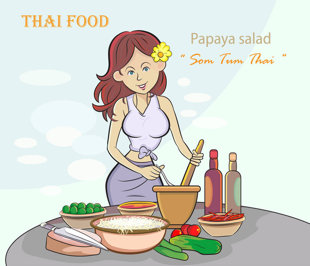 タイ料理のパパイヤサラダを調理する若い女性。ポップアートレトロなイラスト漫画スタイルベクトル、背景から人の別々の画像. - ベクター画像