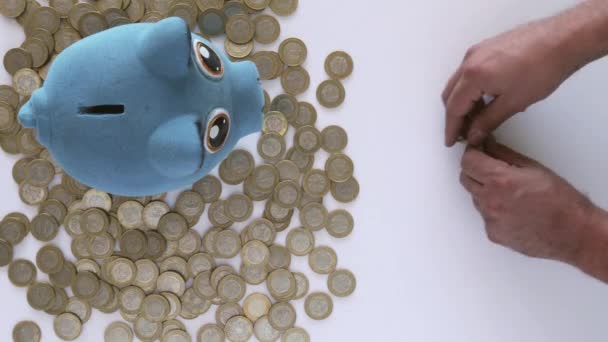 青い貯金箱のトップビュー上メキシコのコインと手の上にそれらの1つを保存白い背景 - 映像、動画