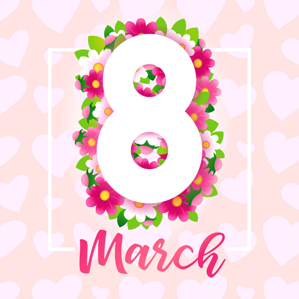 March 8, Happy Womens Day elegant congrats. Lovely pink background, cut white number, calligraphic text. Isolated abstract graphic design template. Decorative bright 3D symbol and basket of flowers. - Vektor, Bild