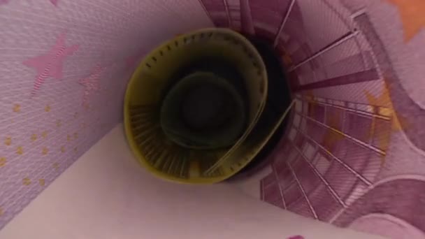Dentro il tunnel dei soldi. Vista prospettica astratta delle banconote in euro rotolate in un tubo. Risparmiare e investire denaro
 - Filmati, video