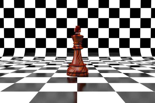 3D illustration of a king chess piece on a curved chessboard - Photo, Image