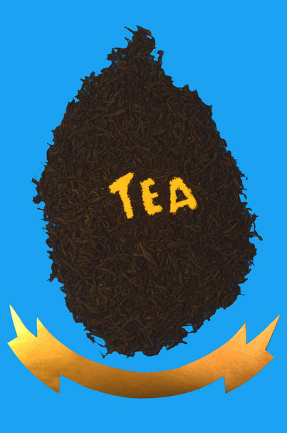 In the photo we see the island of Ceylon, depicted by dry tea leaves, on a blue background, the background of the ocean, bordered from below with a gold ribbon on which you can depict the inscription. - Photo, Image