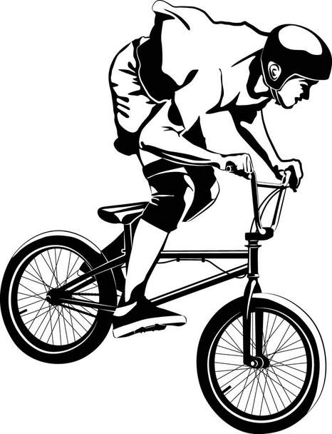 Junge auf BMX-Rad - schwarz-weiße Vektorillustration - Vektor, Bild