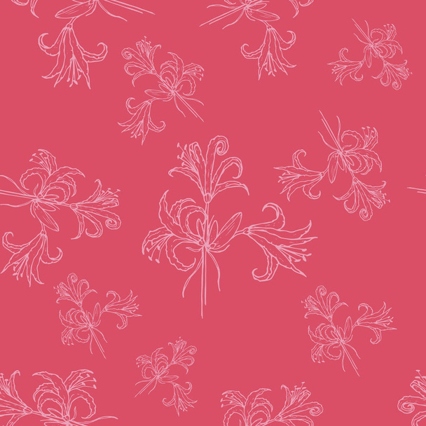 Wild lelie met een witte omtrek op een roze achtergrond geïsoleerd, patroon, voorraad vector illustratie, voor ontwerp en decor, prints, stoffen, inpakpapier, uitnodigingen, kaarten - Vector, afbeelding