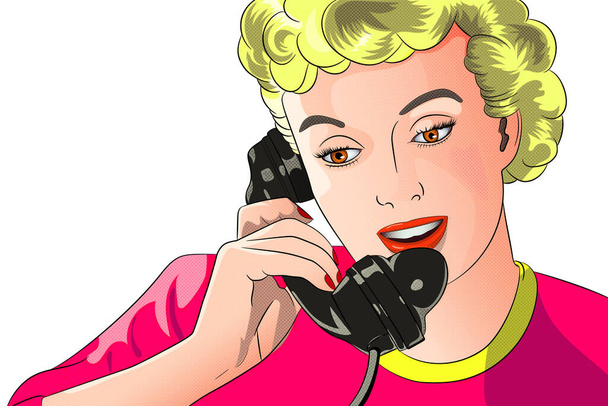 A young woman is talking on the phone. Vector image in pop art style isolated on white background. - Vektor, Bild