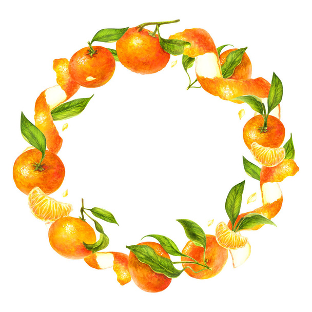 Mandarin and green leaves watercolor template card, circle frame of citrus fruits, orange, botanical painting - Φωτογραφία, εικόνα
