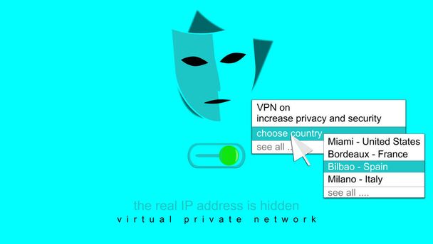 Design of access poster to the VPN service. Virtual private network, the real IP is hidden, navigate choosing the country. Illustration, concerning privacy, anonymity and online security.  - Photo, Image