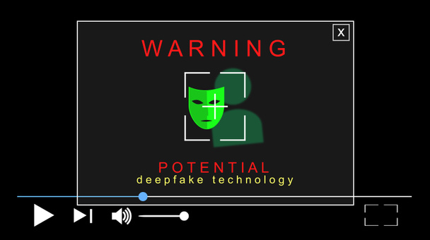 Ακρώνυμο Deepfake, Deep Fake και ψευδής, βαθιά μάθηση. Αντικατάσταση εικόνων με τεχνητά νευρωνικά δίκτυα. Εικονογράφηση με προειδοποίηση pop-up, συναγερμού. Διεπαφή βίντεο. Αρχείο πολυμέσων. - Φωτογραφία, εικόνα