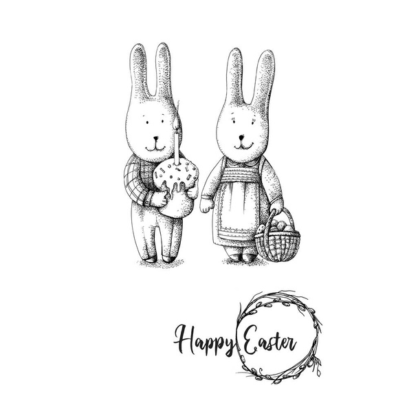 Tavşanlar ve kekler ile grafik paskalya seti - Fotoğraf, Görsel
